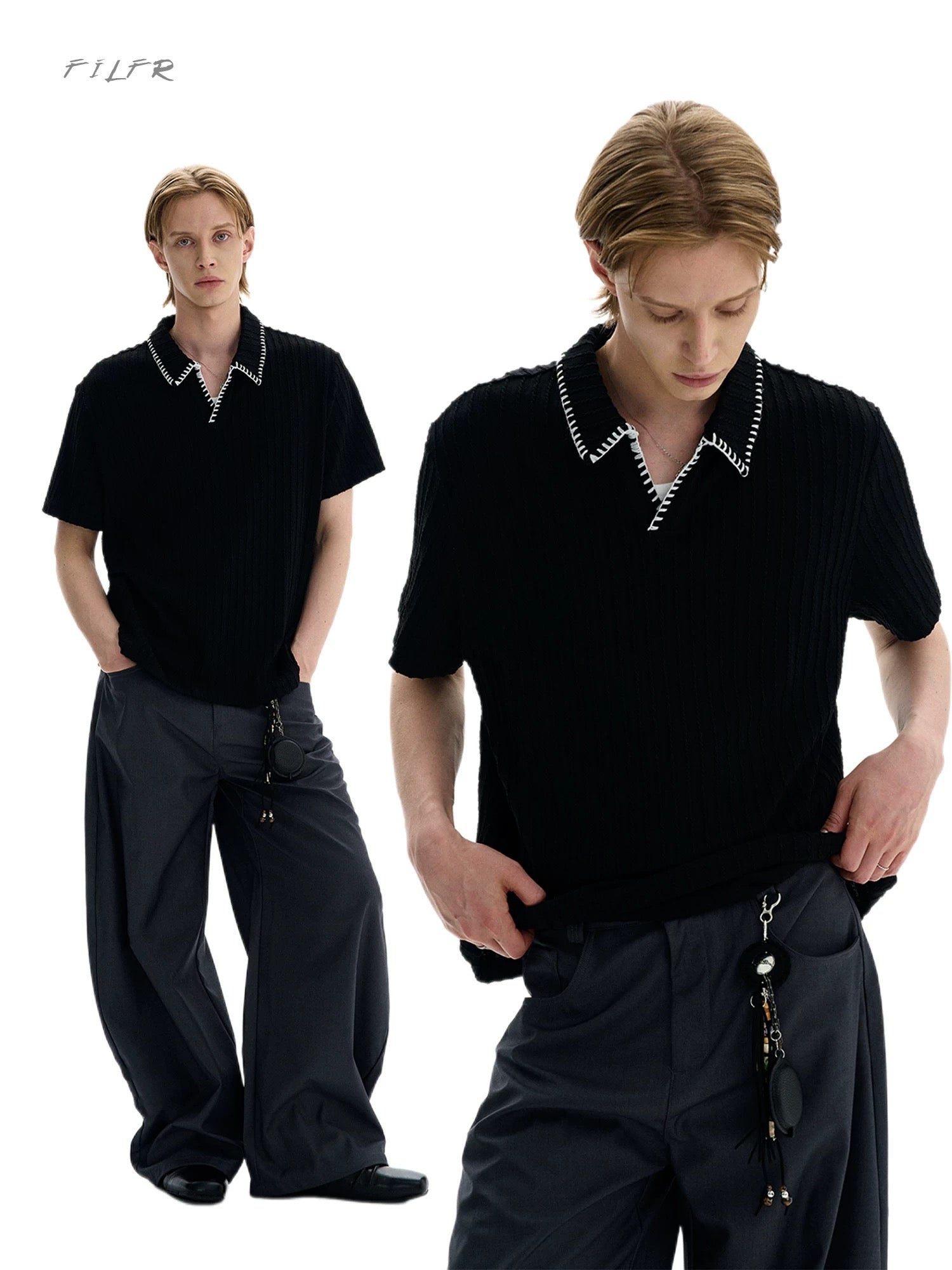 Ribbed Knit Polo Shirt
