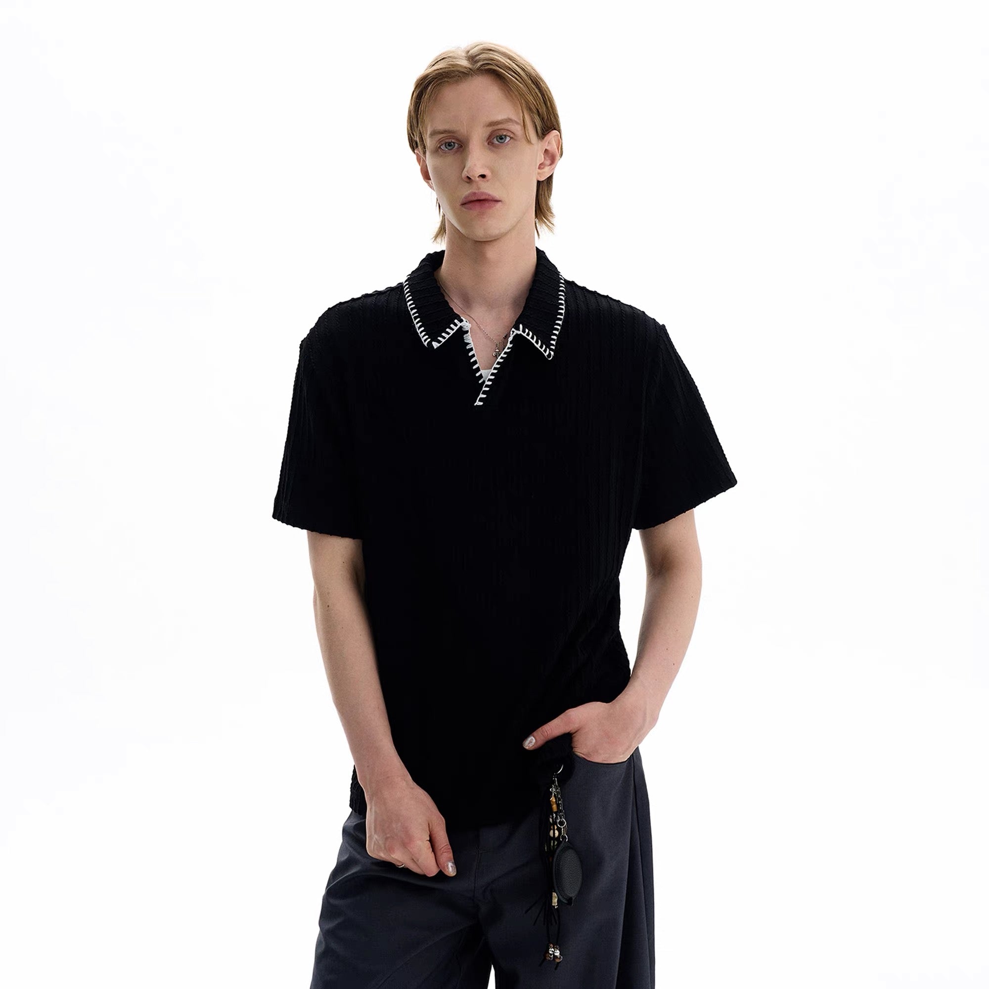 Ribbed Knit Polo Shirt