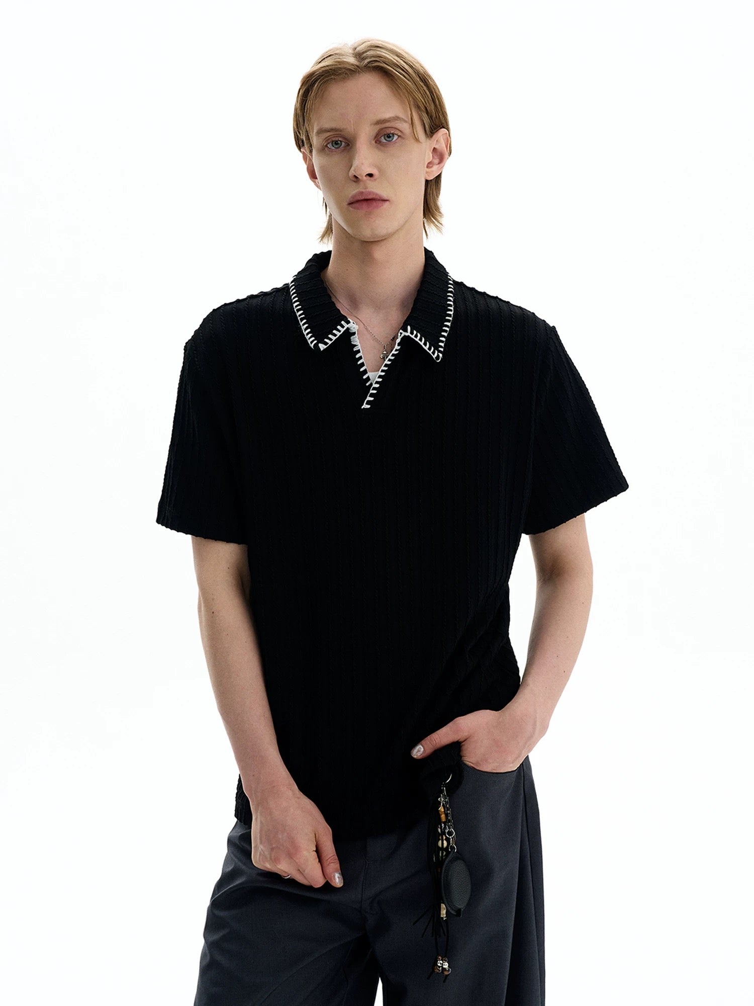 Ribbed Knit Polo Shirt